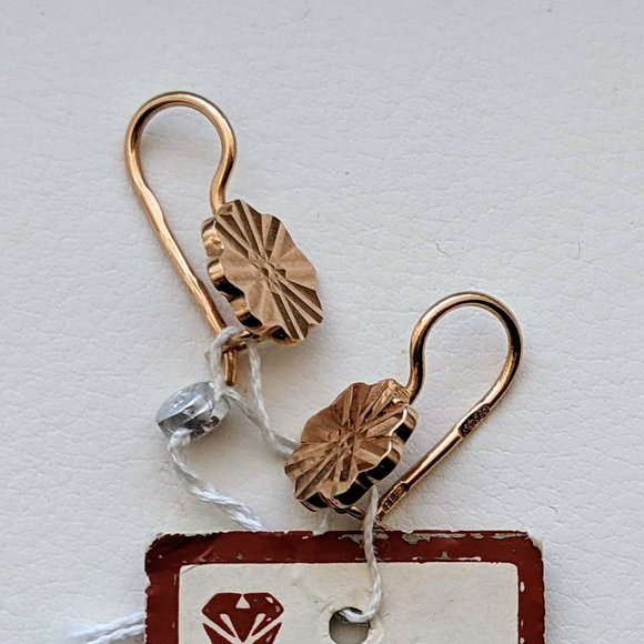 NOS Russian Soviet USSR 14K Rose Pink Gold Diamond Cut Flower Dangle EARRINGS - Picture 3 of 6